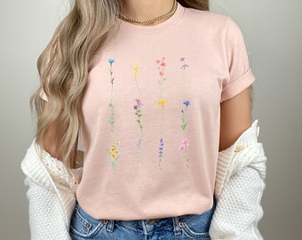 Women's Wildflowers T-Shirt, Floral Shirt, Floral Tee, Floral T Shirt, Fairycore Clothing, Cottagecore Clothing, Cottagecore Shirt, Handmade