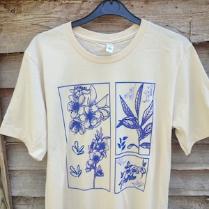 Blue Flowers T-Shirt, Abstract Floral Shirt, Floral Tee, Botanical Shirt, Oversized Floral Shirt, Cottagecore Style Clothing, Handmade