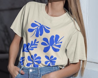 Abstract Blue Leaves T-Shirt, Abstract Floral Shirt, Oversized Shirt, Oversized Tee, Floral T Shirt, Floral Shirt, Handmade Clothing