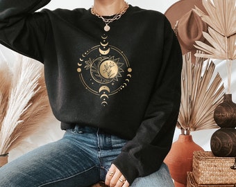 Women's Golden Sun Moon Flowers Sweatshirt. Mystical Sweatshirt, Celestial Sweatshirt, Celestial Shirt, Mystical Shirt, Black And Gold Shirt