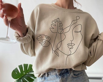 Frauen Abstraktes Gesicht Monstera Blatt Sweatshirt, Monstera Blatt Shirt, Abstraktes Gesicht, Pflanze Sweatshirt, Abstraktes Sweatshirt