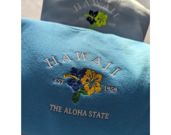 Embroidered Hawaii Sweatshirt, Hibiscus Flowers, The Aloha State Sweatshirt, Embroidered Crewneck, Gift For Beach Lover, Cute Gift For Her