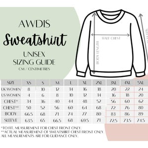Pu&ograve; includere: Guida alle taglie delle felpe unisex in centimetri. La tabella mostra le taglie dalla XS alla 5XL con le misure per le donne britanniche, le donne americane, il petto, il corpo e la lunghezza delle maniche.