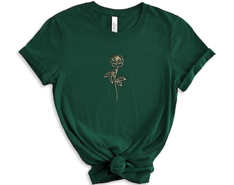 Camisa bordada con rosa dorada / Camiseta con bordado floral / Camisa minimalista con rosa / Camiseta botánica / Ropa estilo cottagecore