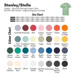 May include: A size chart for unisex t-shirts with a colour chart showing 24 different colours. The chart includes measurements in centimetres for chest and length, and sizes from 2XS to 5XL.