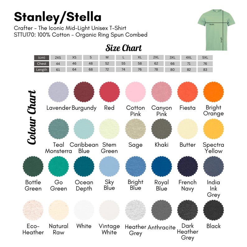 May include: A size chart for unisex t-shirts with a colour chart showing 24 different colours. The chart includes measurements in centimetres for chest and length, and sizes from 2XS to 5XL.