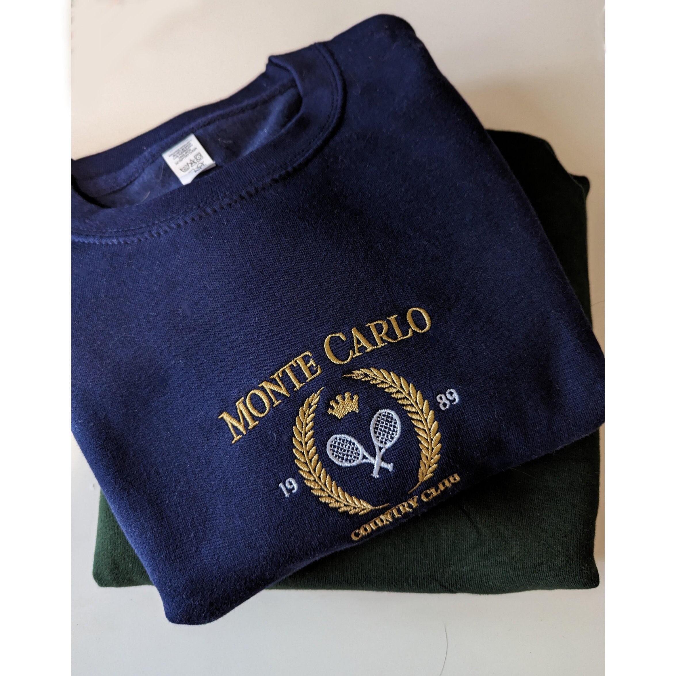 Embroidered Monte Carlo Country Club Sweatshirt, Monaco Vintage Sweatshirt, Embroidered Crewneck, Tennis Sweater, Gold Embroidery, Handmade