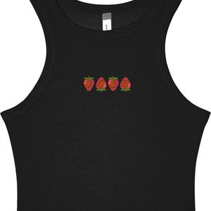 May include: Black crop top with a scoop neck and embroidered strawberries. The strawberries are red with green leaves and are embroidered in a row across the chest. The top is sleeveless and made of a soft material.