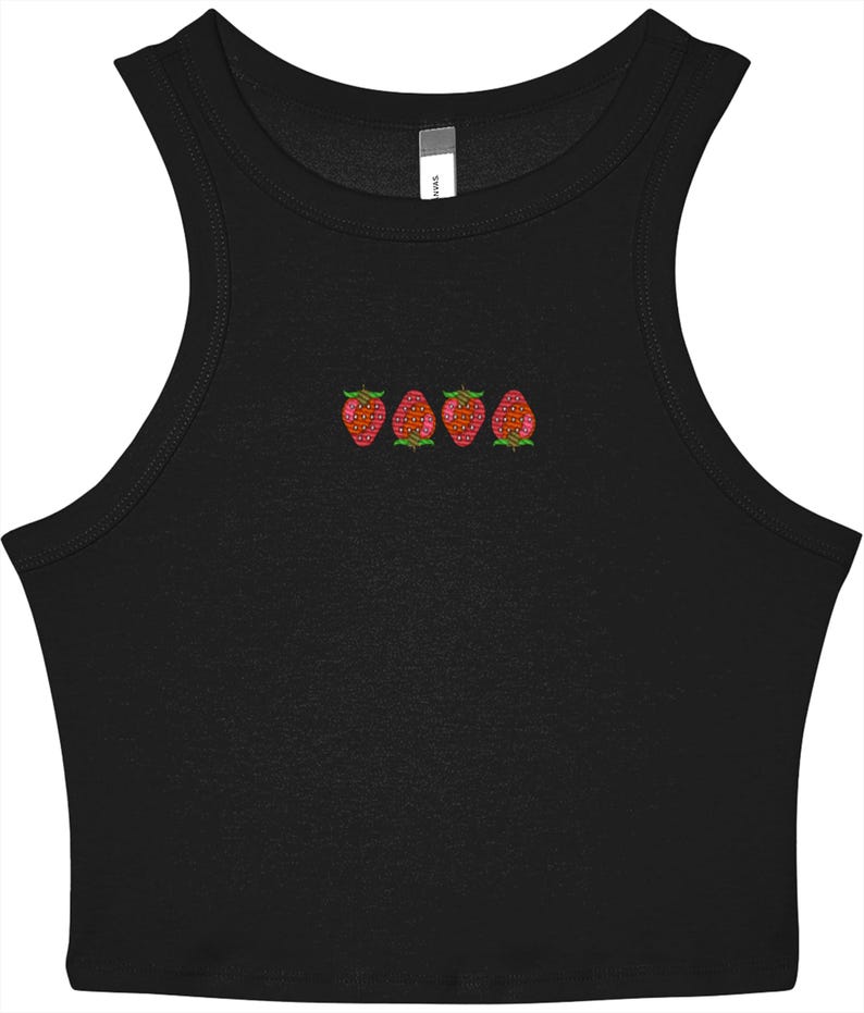 May include: Black crop top with a scoop neck and embroidered strawberries. The strawberries are red with green leaves and are embroidered in a row across the chest. The top is sleeveless and made of a soft material.