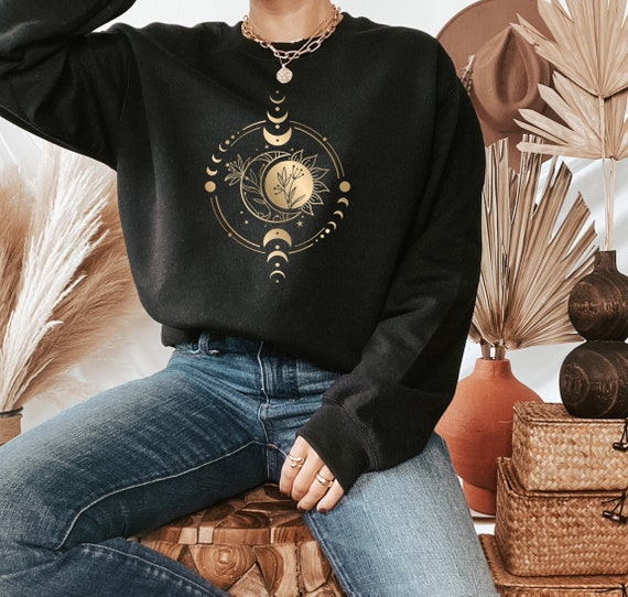 Women's Golden Sun Moon Flowers Sweatshirt. Mystical Sweatshirt, Celestial Sweatshirt, Celestial Shirt, Mystical Shirt, Black And Gold Shirt