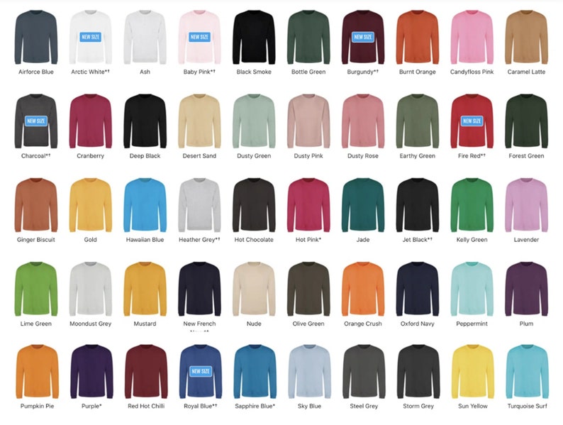 Pu&ograve; includere: Una tabella di 36 maglie a maniche lunghe di diversi colori. Le maglie sono disposte in una griglia di sei righe e sei colonne. Ogni maglia ha un colore diverso e un nome stampato sotto.
