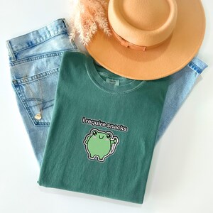 May include: A casual flat lay featuring a teal green t-shirt with the text "i require snacks" and a cartoon frog graphic. Light blue jeans, a tan fedora hat, and a gold necklace are also in the image. Dried pink flowers add a decorative touch.