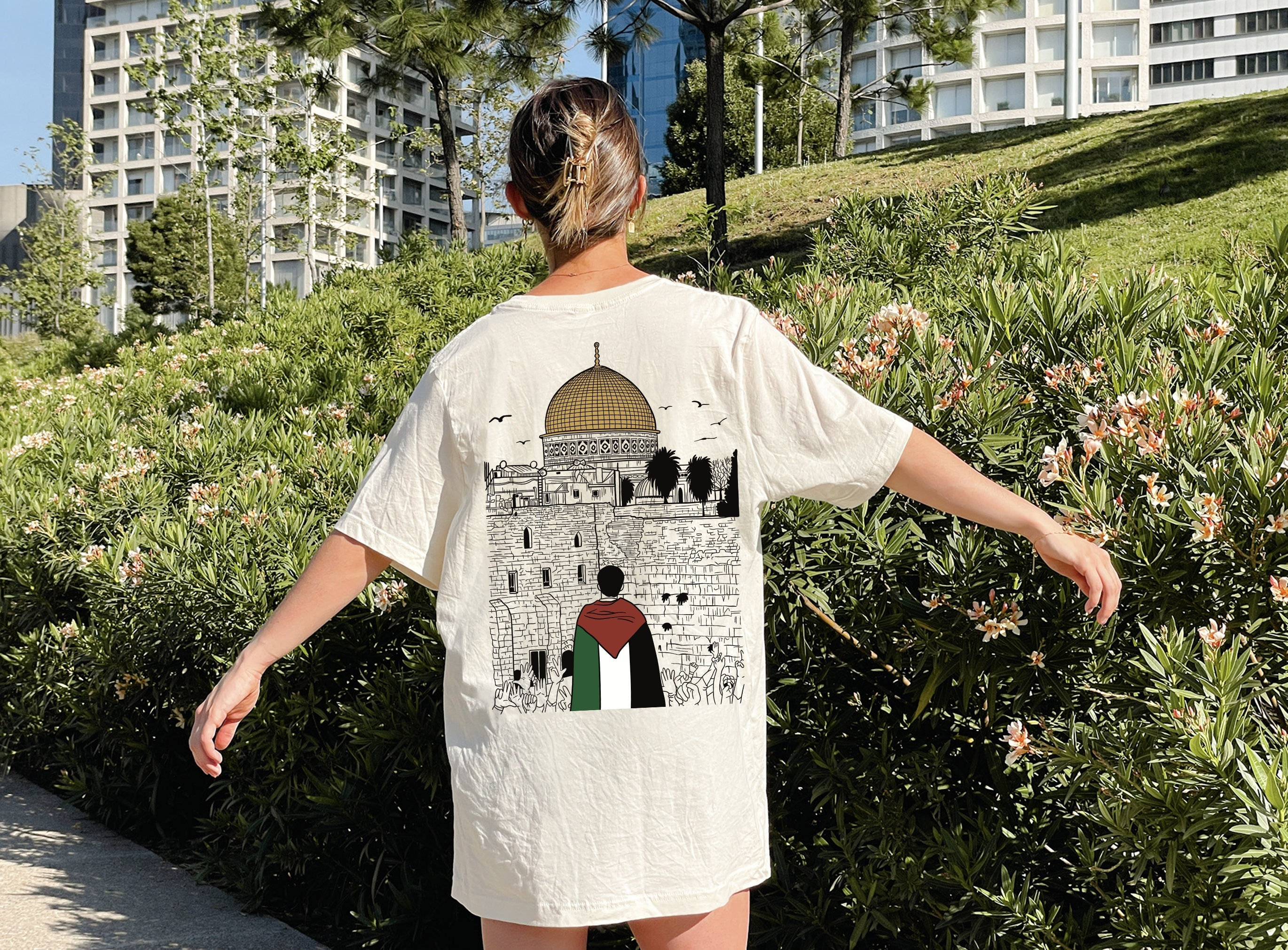 PALESTINE FUNDRAISER - 75% of all profits go to Palestine - Palestine Al Aqsa Mosque T-Shirt, Free Palestine Flag Back Print T-Shirt