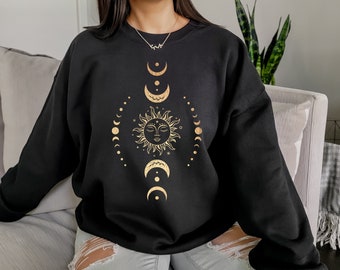 Felpa celeste mistica Boho con sole e luna dorati da donna, camicia mistica, camicia celeste, felpa Boho, regali Boho, regali carini