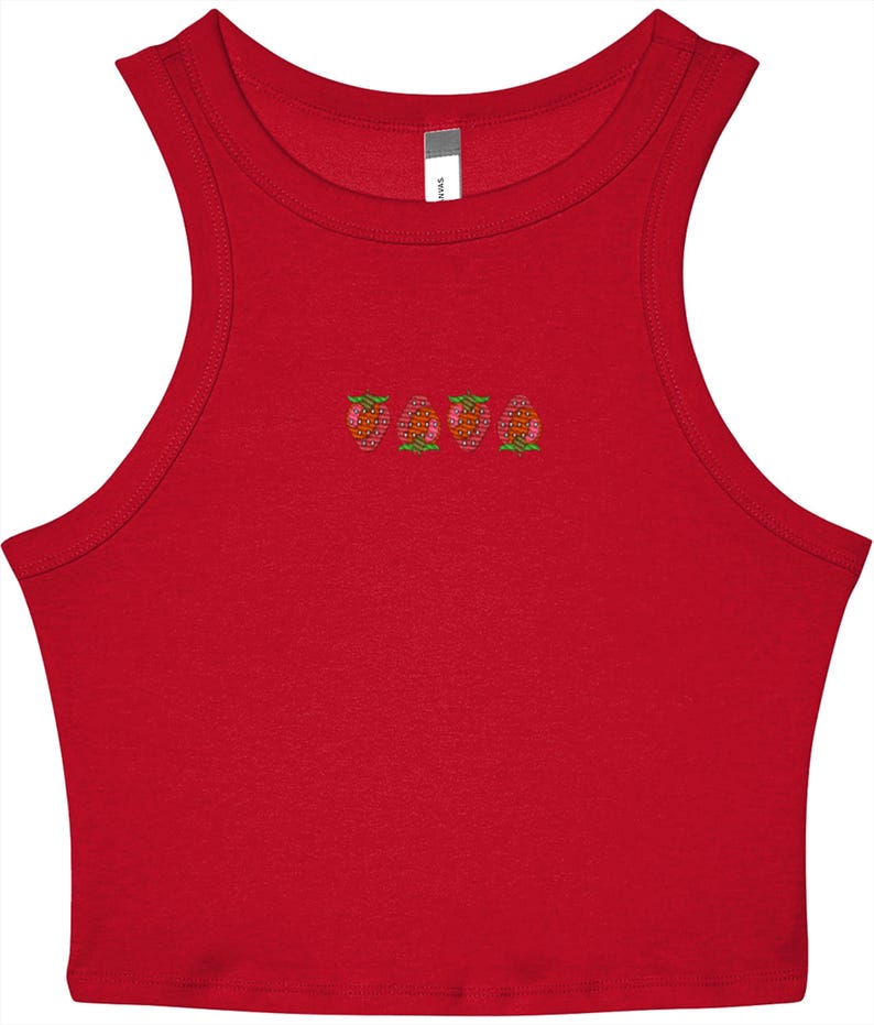 May include: A red crop top with a scoop neck and embroidered strawberry design. The strawberries are pink, orange, and green. The top is sleeveless and made of a soft material.