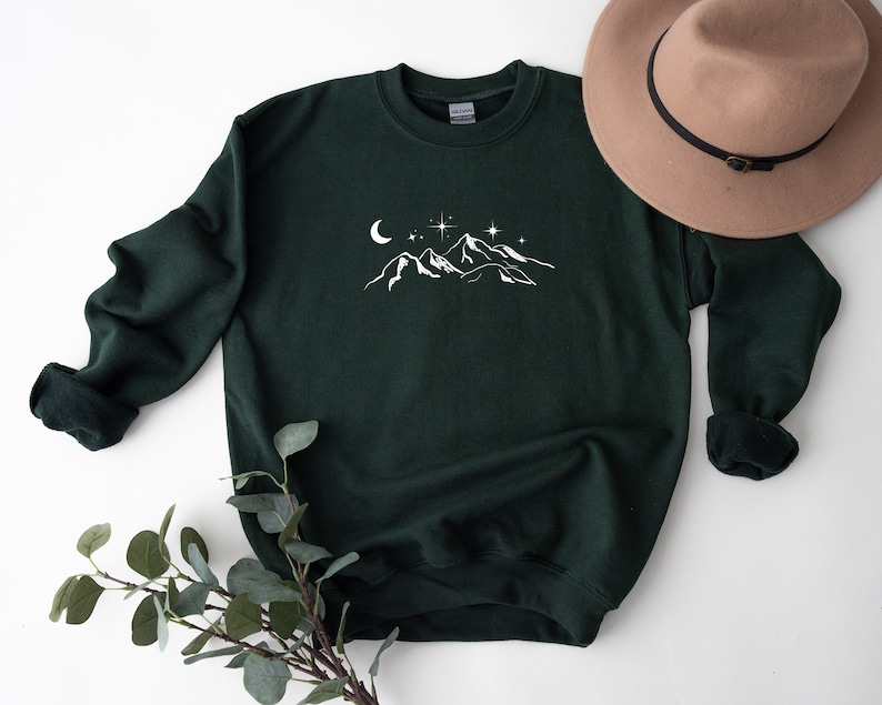 Sweatshirt bergmaan en sterren, campingsweater, wandelsweater, bergshirt, bergsweater, hemelsweatshirt afbeelding 2