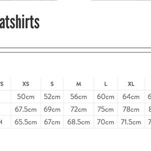 May include: Unisex sweatshirt size chart with measurements in centimeters for half chest, body length, and sleeve length. Sizes range from XS to 3XL.