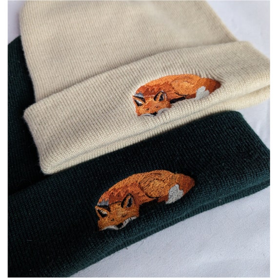 Embroidered Fox Beanie Hat | Cute Sleeping Fox Hat | Animal Beanie | Winter Gift | Embroidered Animal Hat