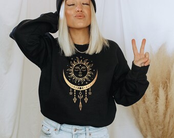 Women's Golden Sun Moon and Crystals Mystical Boho Chic Sweatshirt, Mystical Shirt. Celestial Shirt, Moon and Sun, Boho Sweatshirt