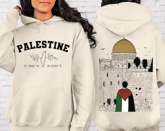 Palestine Hoodie | Al Aqsa Mosque Hoodie | Palestine Flag Back Print | Palestine Coordinates Hoodie | Palestine Fundraiser