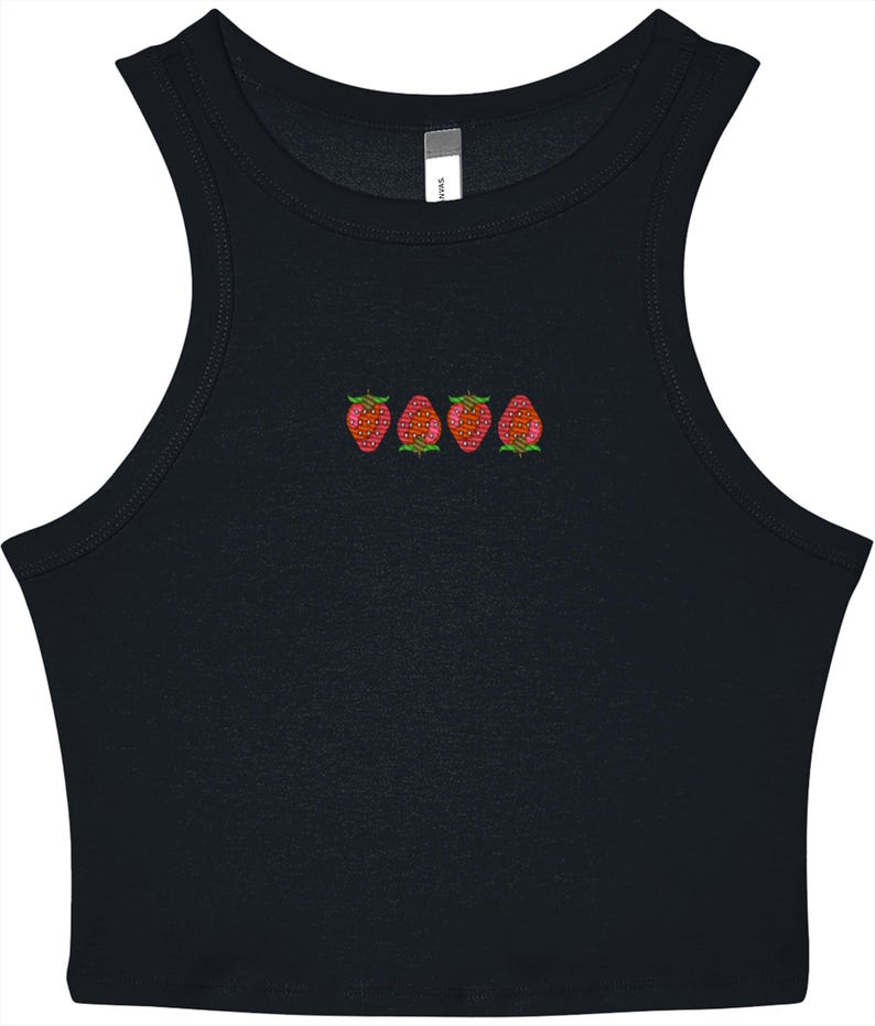 May include: Black crop top with a scoop neck and embroidered strawberries. The strawberries are red with green leaves and are embroidered in a row across the chest. The top is sleeveless and made of a soft material.