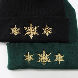 Embroidered Snowflakes Beanie, Cute Winter Beanie, Gold Embroidery, Warm Winter Hat, Custom Beanie, Winter Clothing, Snowflake Beanie