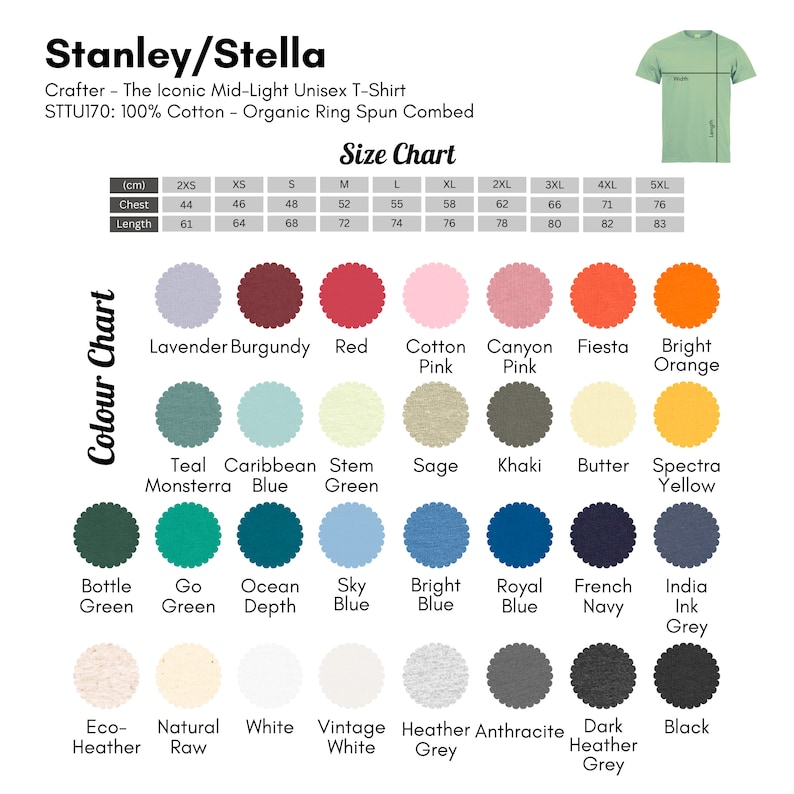 May include: A color chart for Stanley/Stella unisex t-shirts. The chart shows the different colors available for the t-shirts, including teal, Caribbean blue, stem green, sage, khaki, butter, spectra yellow, bottle green, go green, ocean depth, sky blue, bright blue, royal blue, French navy, India ink grey, eco-heather, natural raw, white, vintage white, heather grey, anthracite, dark heather grey, and black.