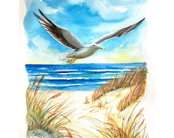 Gift original watercolor landscape Baltic Sea maritime sea dunes waves seagulls sand beach clouds North Sea 24 x 30 cm hand-painted unique piece!
