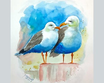 Original Aquarell Vogel Seemöwe seagull bird maritim sea ocean Nordsee Ostsee Meer Geschenk Möwe Möwen