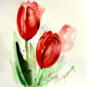 Arte pittorica originale di fiori ad acquerello, tulipani rossi, tulipani rossi