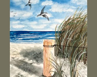 Gift original watercolor landscape Baltic Sea maritime sea dunes waves seagulls sand beach clouds North Sea 24 x 30 cm hand-painted unique piece!