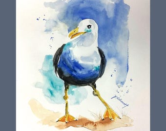Original Aquarell Vogel Seemöwe seagull bird maritim sea ocean Nordsee Ostsee Meer Geschenk Möwe