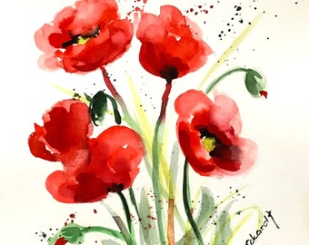 Aquarell flowers poppies mohnblumen redflowers Mohn original