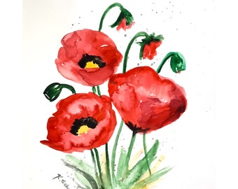 Aquarell flowers poppies mohnblumen redflowers Mohn original