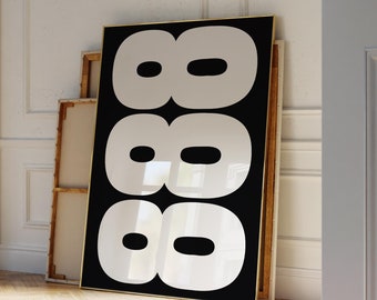 May include: A black framed canvas print with three white 8's stacked on top of each other. The 8's are in a bold, sans-serif font.
