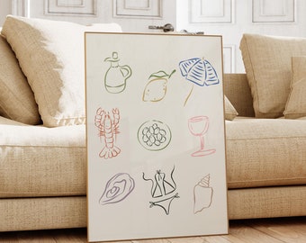 Beach Print Poster, Cute Coastal Trendy Wall Art, Abstract Shell Doodle Print Mediterranean European Summer Aesthetic Print Poster
