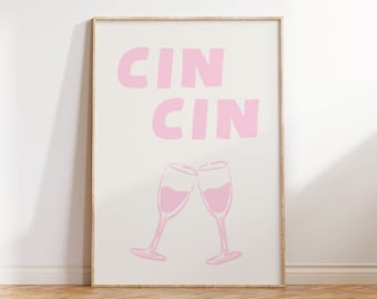 Puede incluir: Un póster rosa y blanco con el texto "Cin Cin" y un gráfico de dos copas de champán rosas brindando.