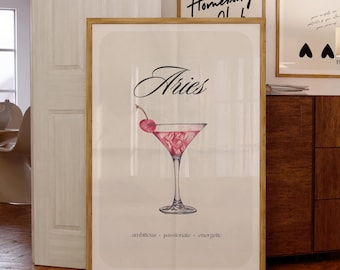 Aries Print Instant Digital Download Poster, Aries Cocktail Drink Poster, Aries Zodiac Wall Art, Zodiac Poster, Star Sign Print