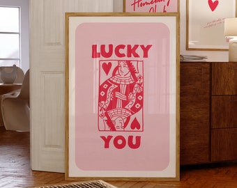 Lucky You Pink & Red Print Poster Instant Digital Download, Playing Card Poster