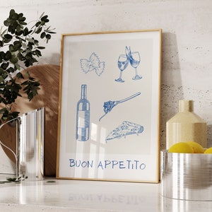 Buon Appetito Print • Let‘s Eat Print • Italian Kitchen Print • Plakat z jedzeniem i winem • Minimalistyczna kuchnia • Sztuka ścienna z Włochami