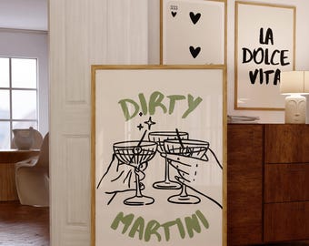 Dirty Martini Cocktail Print •  Cocktail Wall Art Poster •  Bar Cart Wall Art Print •  Trendy Kitchen Print  • Cocktail Bar Cart Print