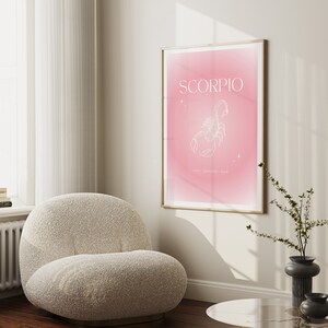 Pink gradient background with white Scorpio text and Scorpion illustration in the middle with brave, passionate, loyal text underneath.