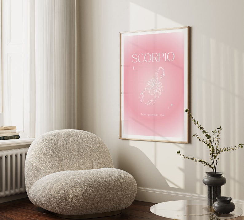 Pink gradient background with white Scorpio text and Scorpion illustration in the middle with brave, passionate, loyal text underneath.