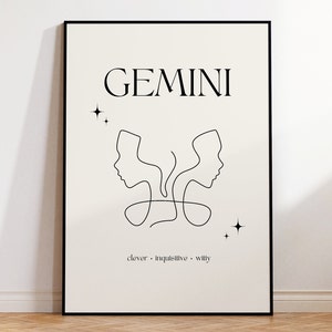 Gemini Print Instant Digital Download Poster, Minimalist Gemini Poster, Gemini Zodiac Wall Art, Zodiac Poster, Star Sign Print