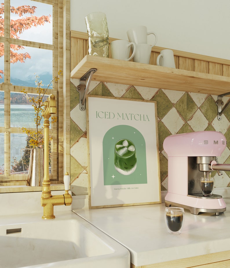 Print mockup of - Iced matcha written at the top in green, green arch with white stars and photo of Iced Matcha on top. Matcha Powder • Milk • Ice Cubes written underneath.