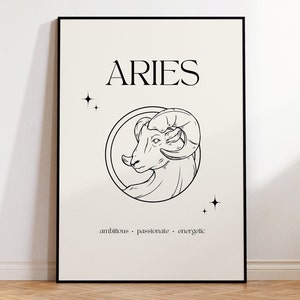 Aries Print Instant Digital Download Poster, Mininmalist Aries Poster, Aries Zodiac Wall Art, Zodiac Poster, Star Sign Print