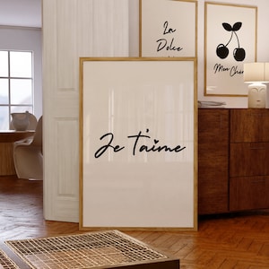 Je T'aime, te amo, cartel de cita francesa, dicho francés, arte de pared del cartel de impresión de palabras francesas