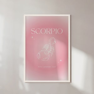 Pink gradient background with white Scorpio text and Scorpion illustration in the middle with brave, passionate, loyal text underneath.