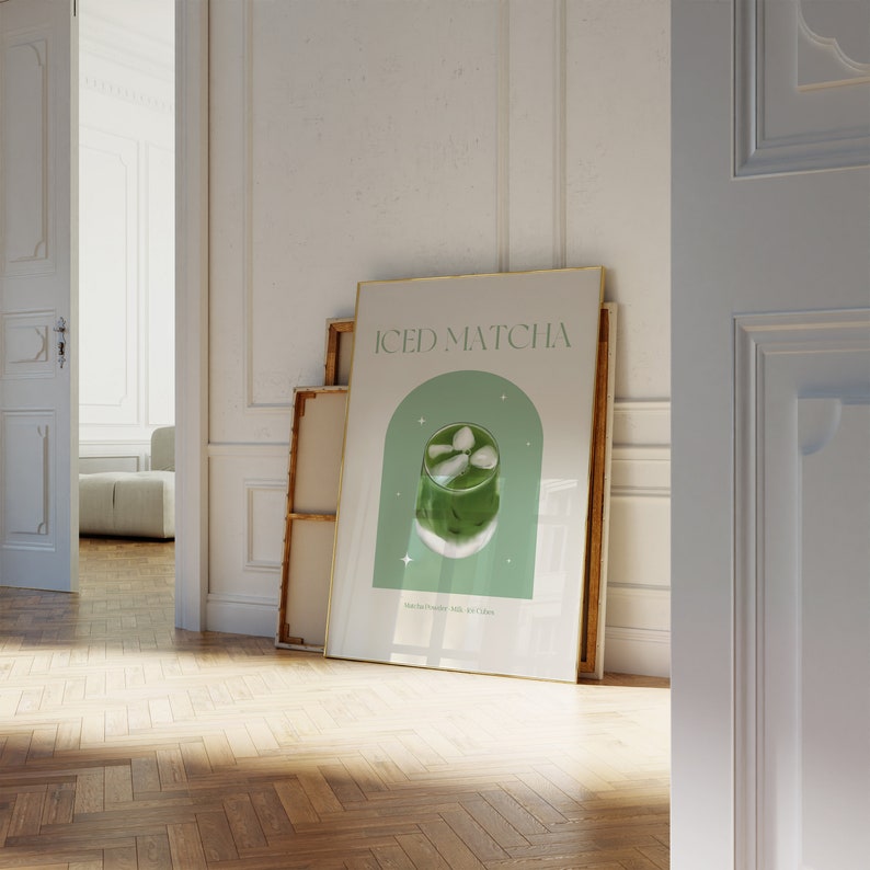 Print mockup of - Iced matcha written at the top in green, green arch with white stars and photo of Iced Matcha on top. Matcha Powder • Milk • Ice Cubes written underneath.