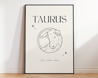 Stier Print Sofortiger digitaler Download Poster, Minimalistisches Stier Poster, Stier Sternzeichen Wandkunst, Zodiac Poster, Star Sign Print